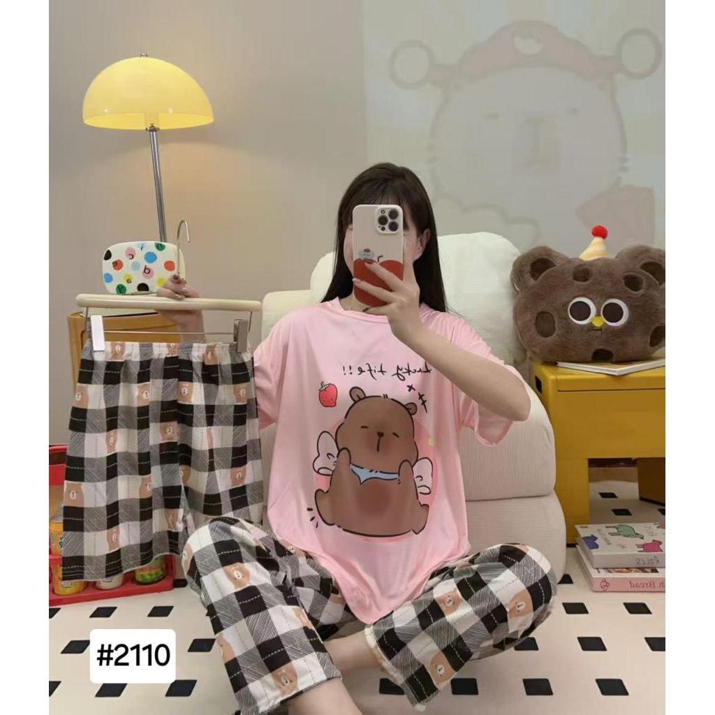 Set 3in1 pink kotak #2110/ set baju tidur/ setelan baju tidur / piyama 3 set