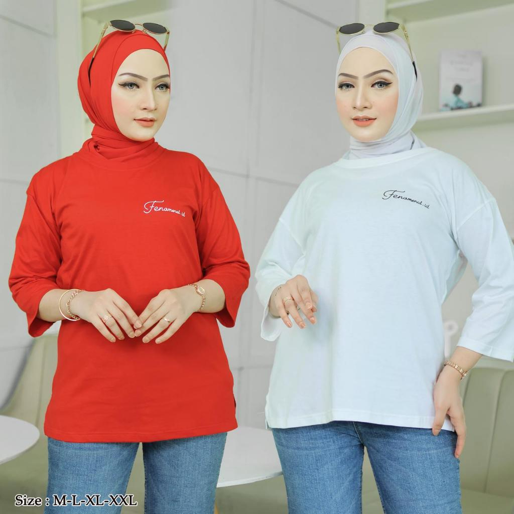 KAOS OVERSIZED WANITA JUMBO KAOS POLOS MERAH PUTIH WANITA LENGAN 3/4 ATASAN WANITA MUSLIM TOP BASIC