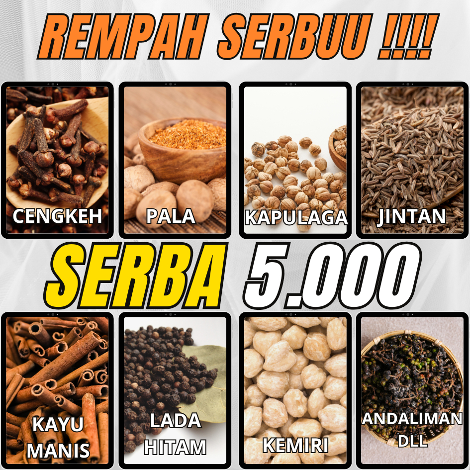 

SERBU ! Serba limaribu rempah kering lengkap - kayu manis, adas, jintan, pala, bunga lawang, kapulaga, cengkeh, lada hitam, pala, kemiri, ketumbar,merica,klabet, kasa kas, cabe jawa