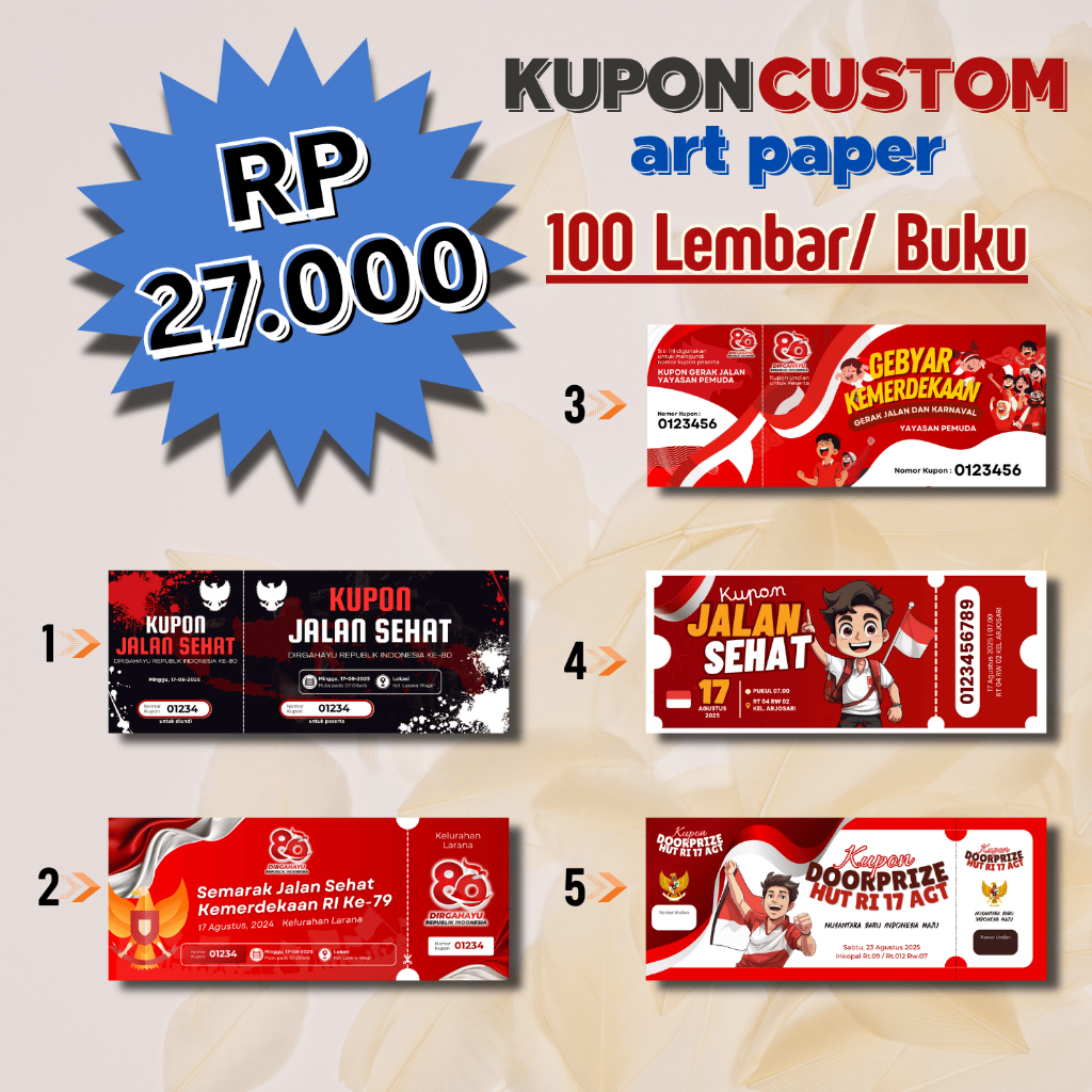 

Bahan ART PAPER Kupon Jalan Sehat / Undian / Voucher Free Desain isi 100/bk ukuran 16x6,5 cm
