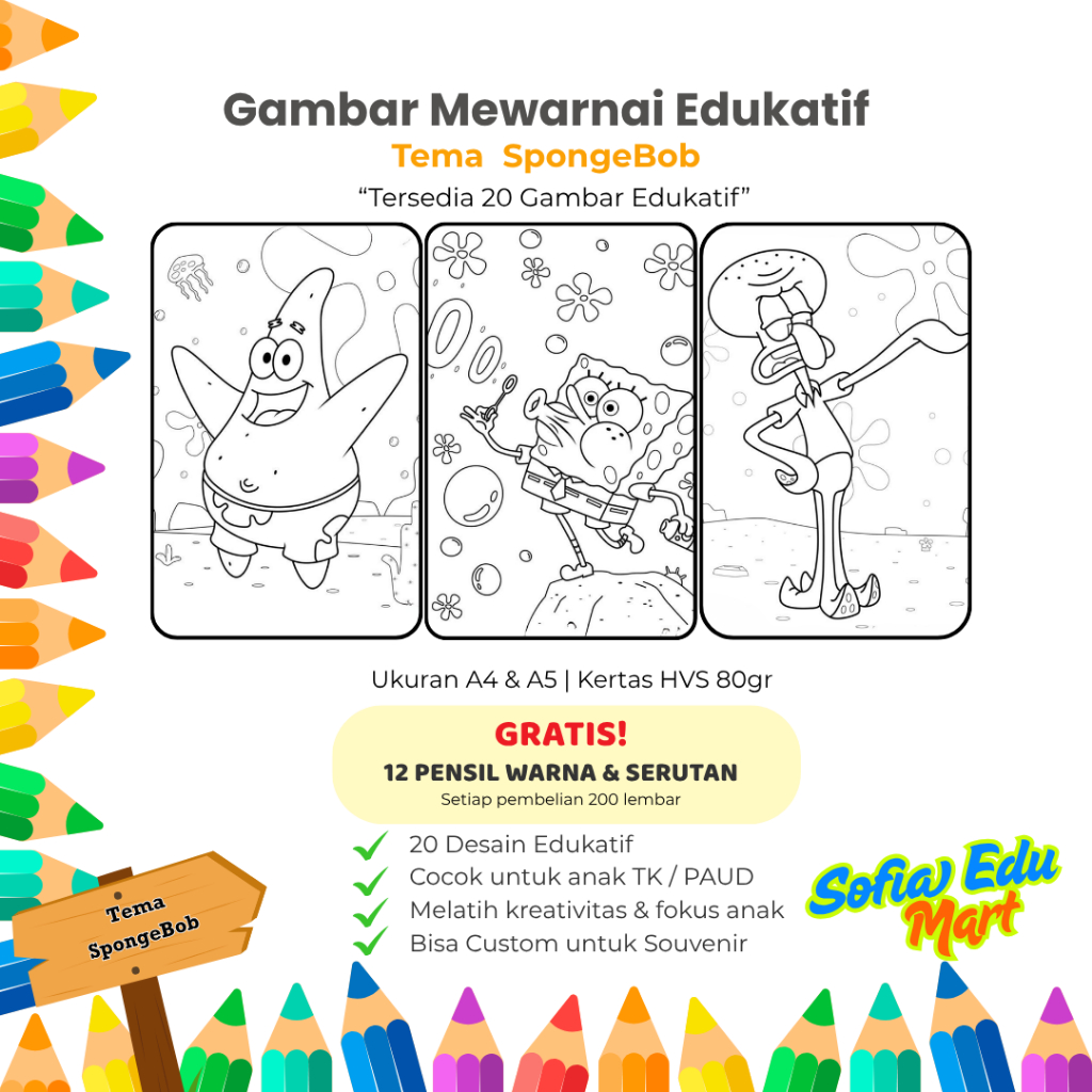 

Gambar Mewarnai Anak Seri Karakter SpongeBob - Kertas HVS A4 dan A5 80 gr TK PAUD Usia 1-5 Tahun
