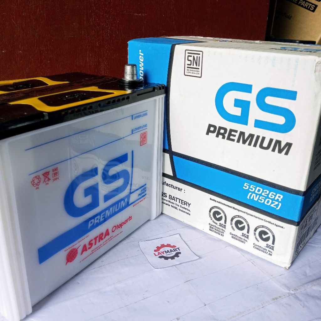 ACCU MOBIL GS PREMIUM N50Z Kapasitas Ampere 60Ah, Tegangan 12 V