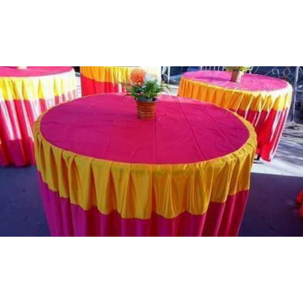 Cover meja bundar dekorasi warna golkar pink fanta