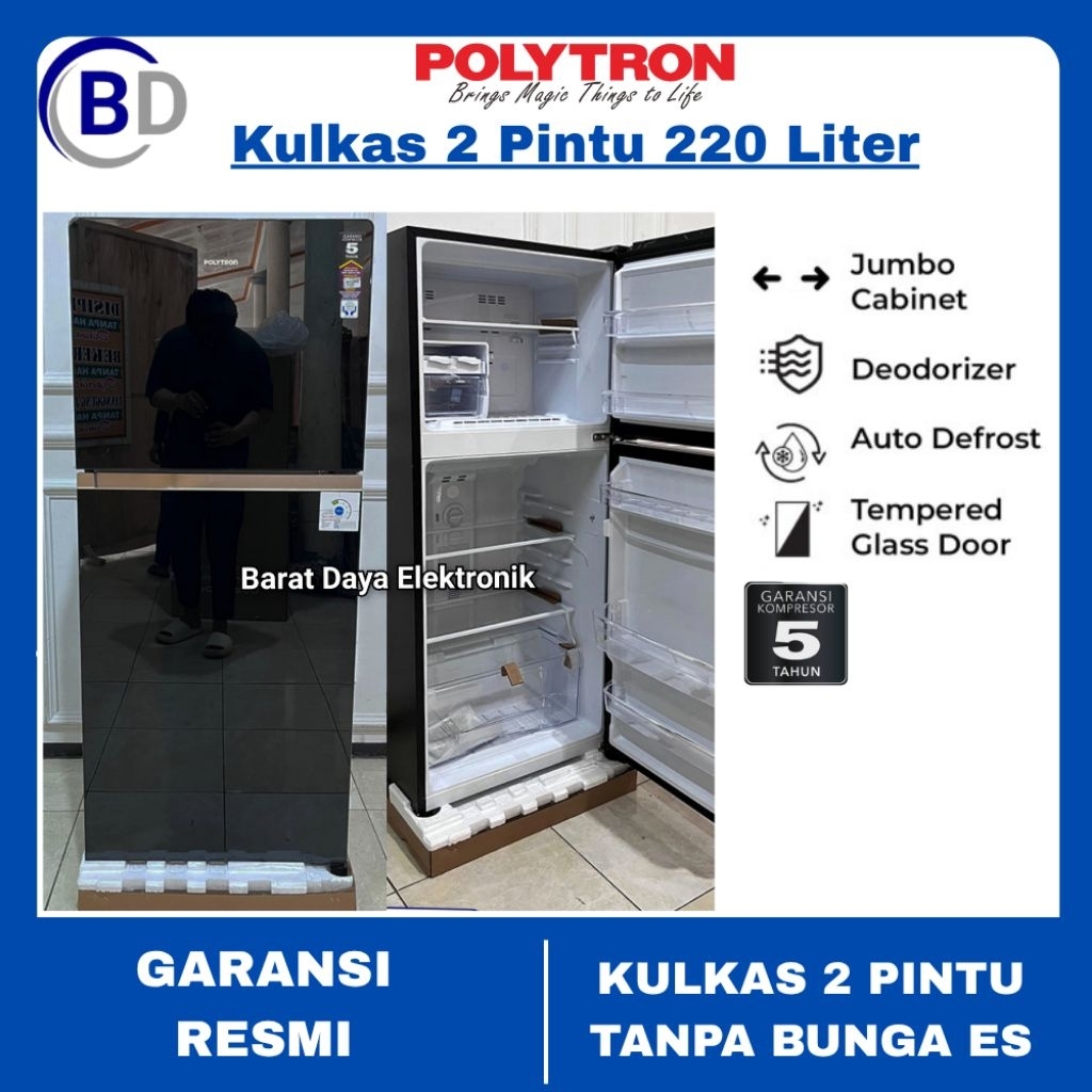 Polytron Kulkas Belleza Jumbo PRW 23 MNX Tempered Glass Door Kulkas 2 Pintu Tanpa Bunga Es