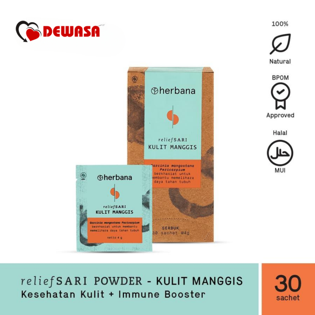 

Herbana Relief Sari Powder Kulit Manggis Memelihara Daya Tahan Tubuh & Kaya Antioksidan - Isi 30 Sachet @4g