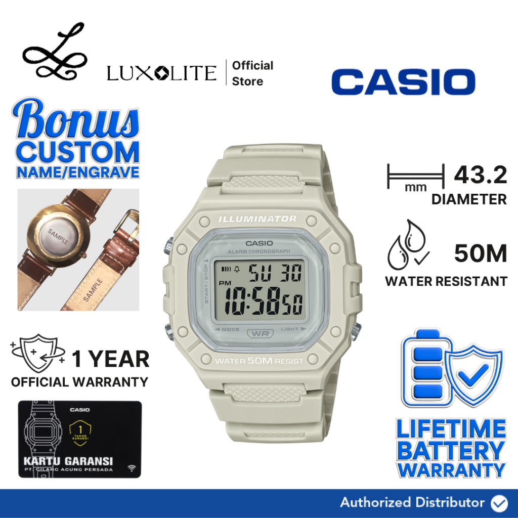 [Luxolite] CASIO Jam Tangan Unisex W-218HC-8AVDF/W-218HC-8AV/W-218HC-8A Digital Beige Resin Strap