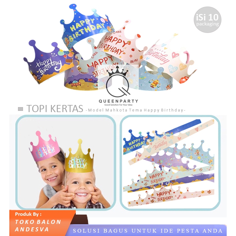 isi 10 Topi HBD Kertas Mahkota / Topi Ulang Tahun Mahkota Kertas / Topi Ultah Mahkota Motif HBD