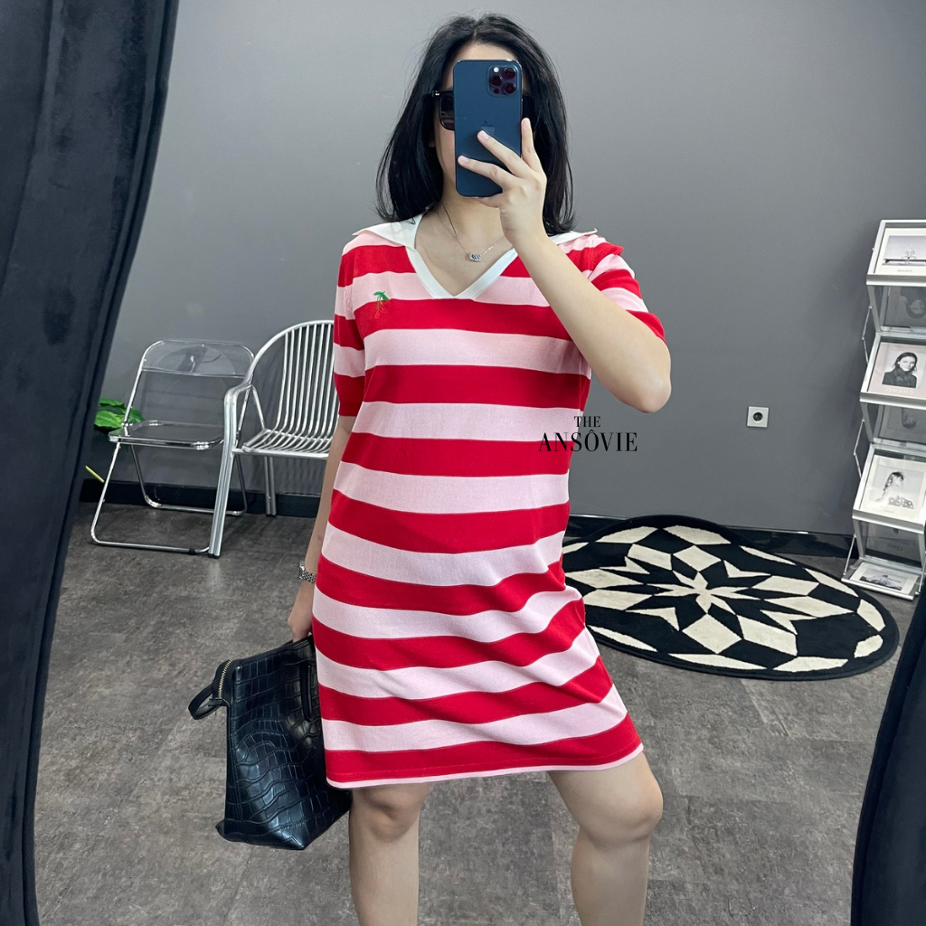 [The Ansovie] Sarah Stripe Oversize Dress | Dress Wanita Rajut Jumbo Salur Kerah