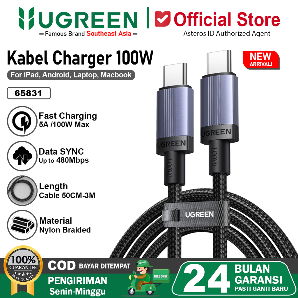 UGREEN Kabel Data Type C to Type C 100W Fast Charging PD 2.0 3A 5A 6583 1 Meter 2 Meter 3 Meter