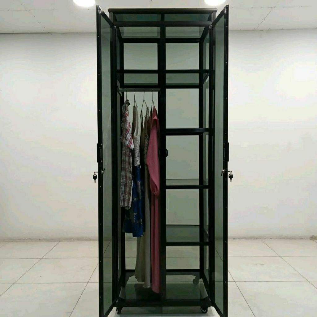 TC ALUMINIUM LB 504 60X55X180 b LEMARI RAK BAJU ALUMINIUM 20U COKLAT FULL KACA 3 MM RIBEN GANTUNG HA