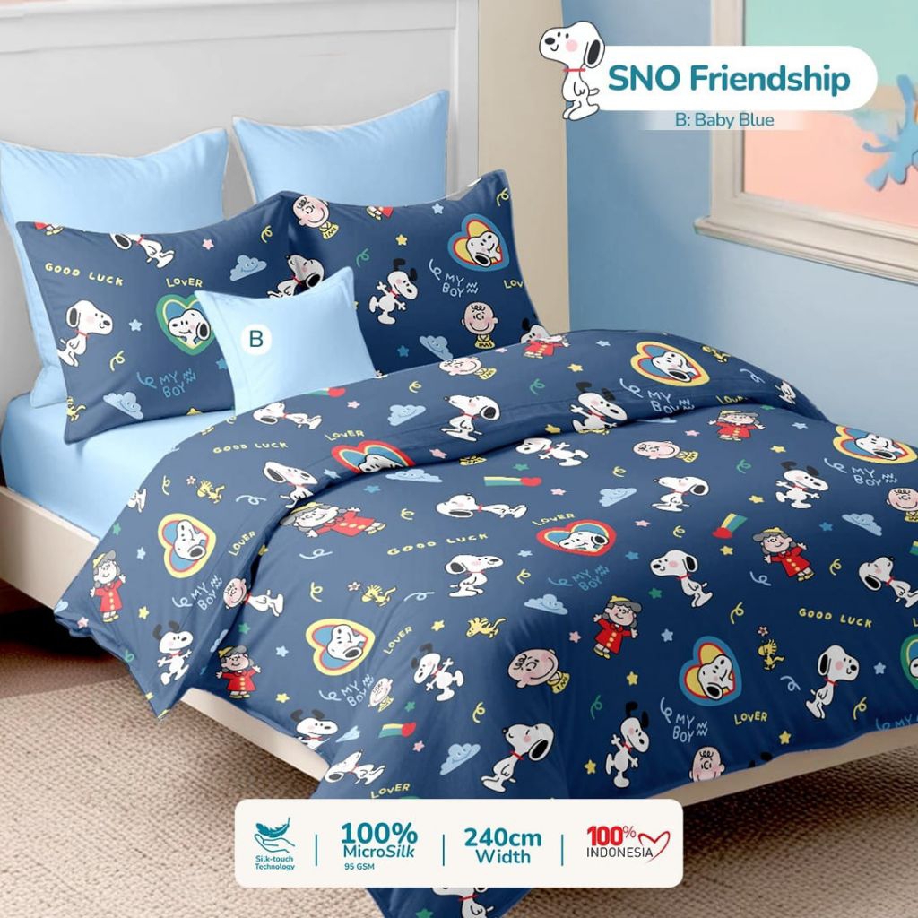 Sprei Snoopy friendship free double karet anti geser sprei lucu ukuran lengkap sprei90x200 sprei100x