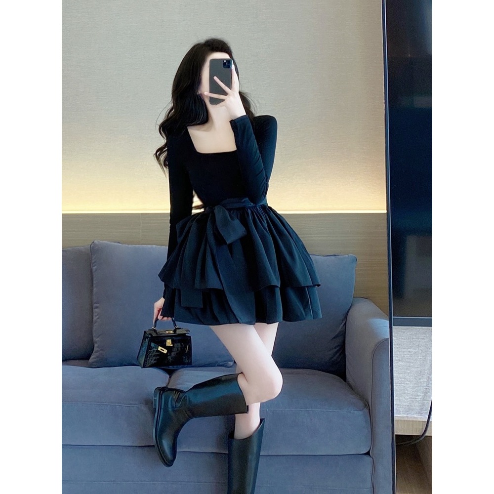 CUCI GUDANG Korean Beige Dress Mini Formal Elegan Casual Dress Vintage Lengan Panjang Pantai Sexy