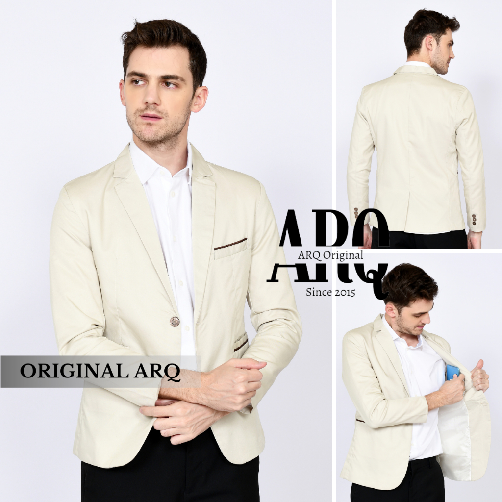 Jas Blazer Pria Slim Fit Formal Premium Warna Cream Bahan Tebal Berkualitas Premium Original Arqie