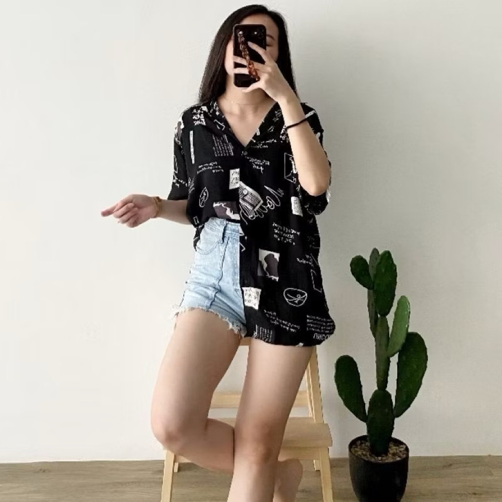 ICONEZC Kemeja Motif Wanita Lengan Pendek | Kemeja Hawai Motif Abstrak Floral Rumus Putih
