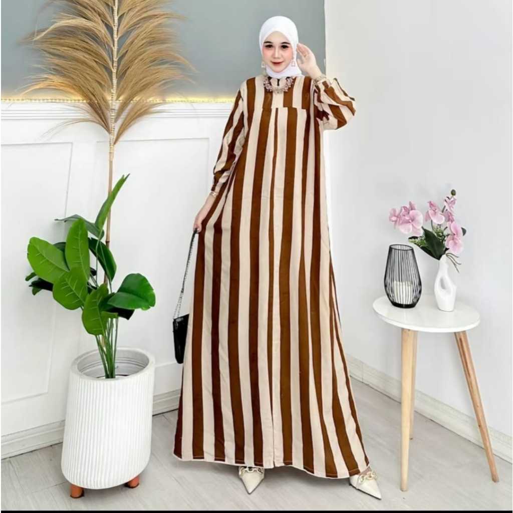 Gamis Motif Salur Wanita Dewasa Remaja Resleting Depan-Baju Muslim Dewasa Micro