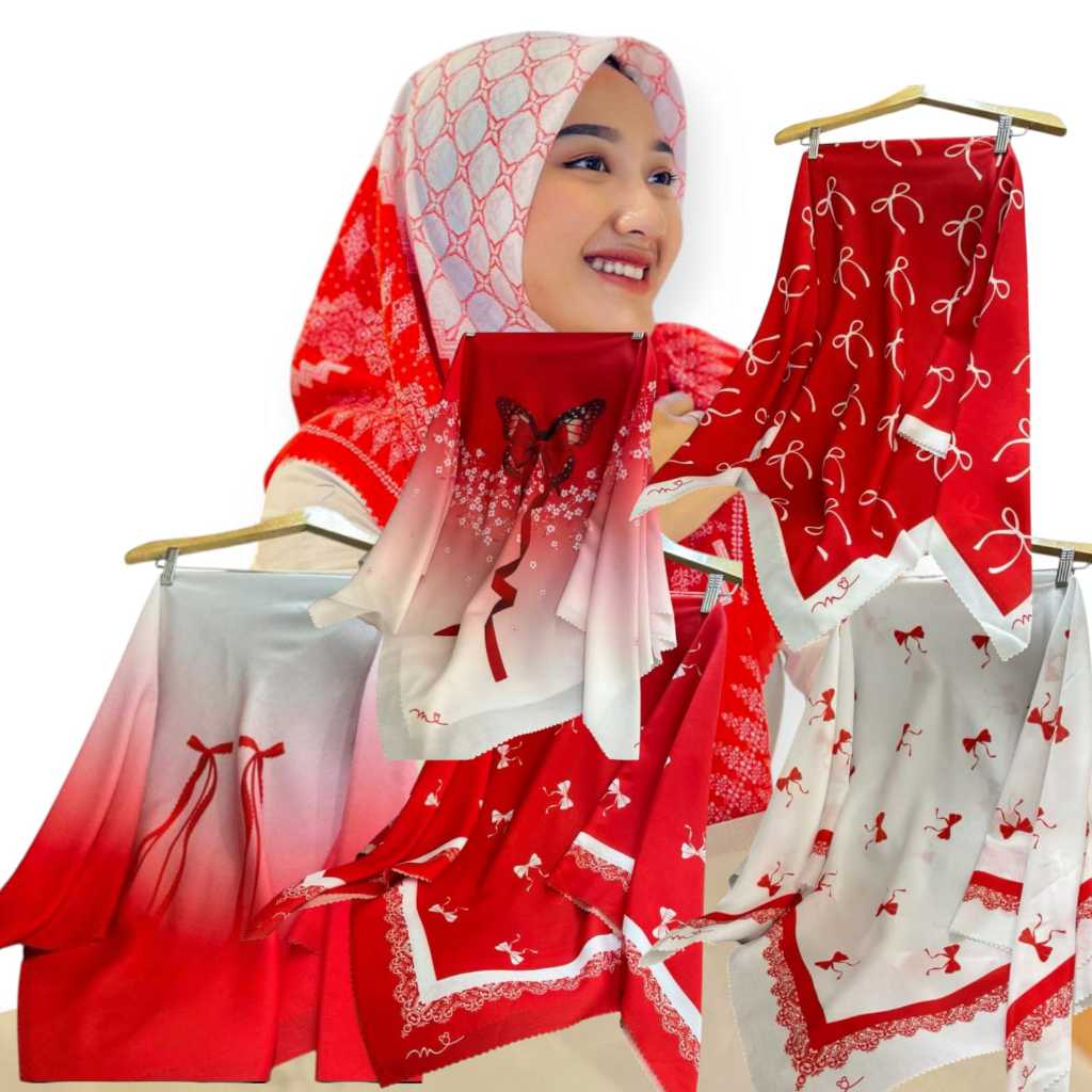 HIJAB SEGIEMPAT EDISI MOTIF  MERAH PUTIH VOAL PREMIUM