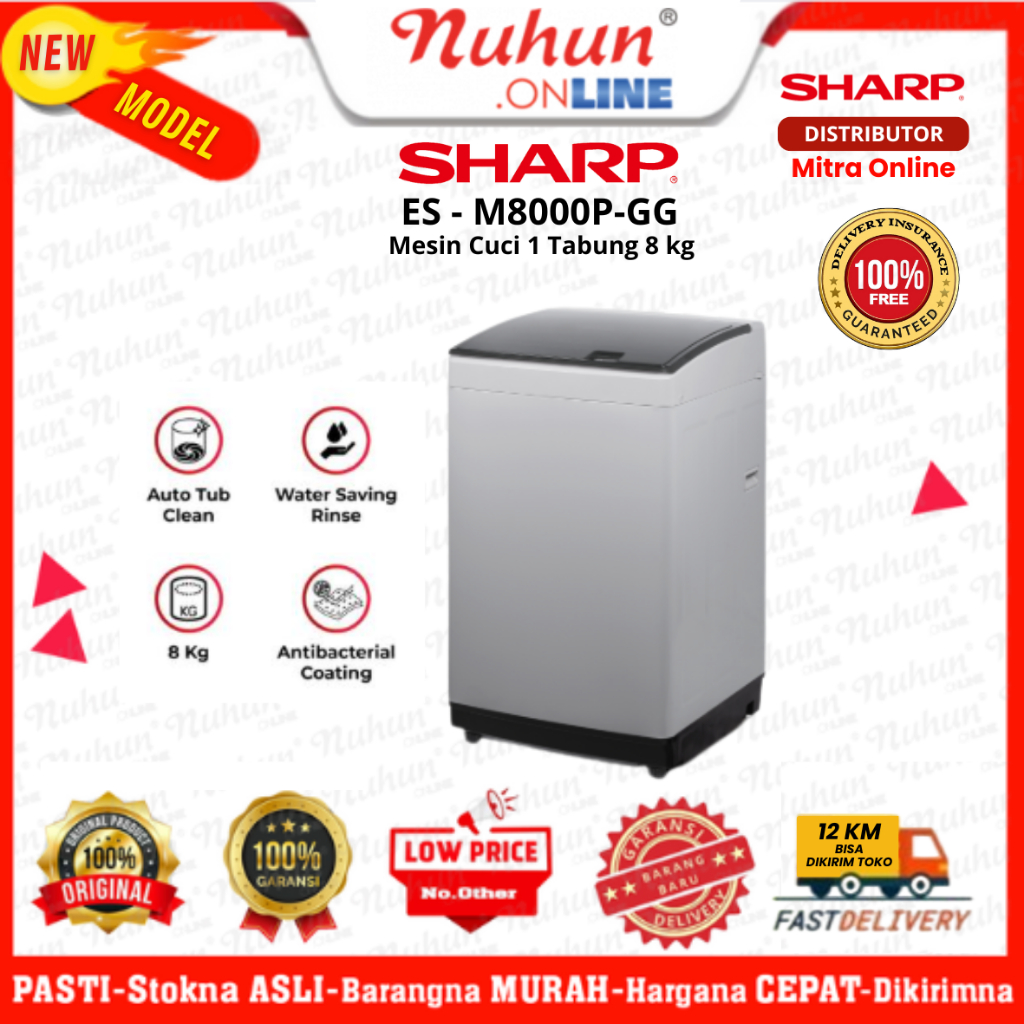 Sharp Mesin Cuci 1 Tabung ES-M8000P-GG 8kg