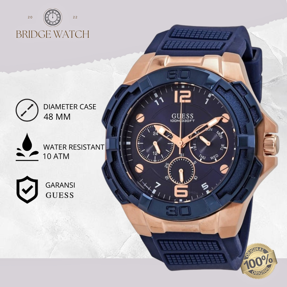 Jam Tangan Pria Guess Genesis Original W1254G3 Analog Chronograph Blue Rubber Strap Silicon Cowok Bi
