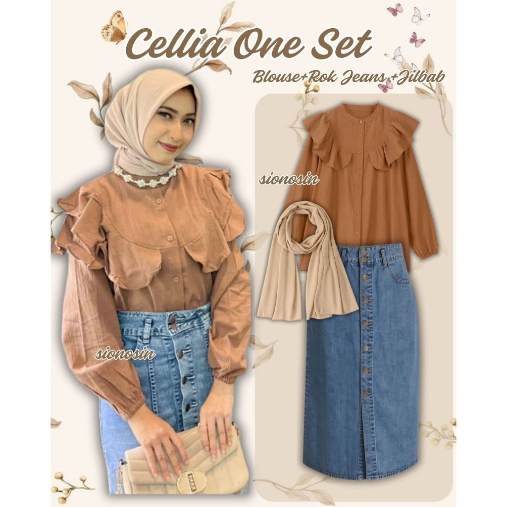 Cellia One Set Wanita 3 in 1 (Blouse + Rok Jeans + Jilbab) OOTD Setelan Hijabers Korean Style | CC18