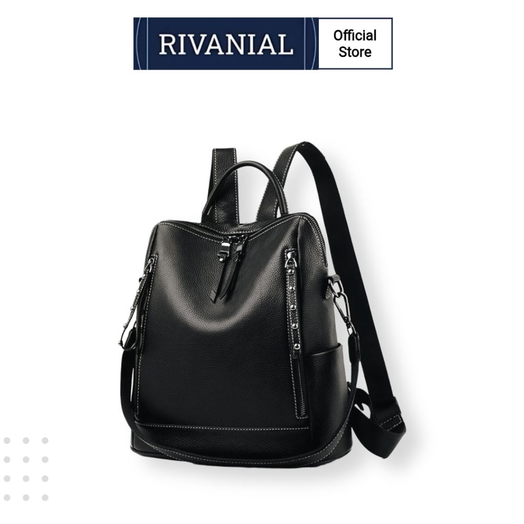 Rivanial Ransel Kulit Sapi Asli Wanita, Tas Kulit Sapi, Warna Hitam coklat