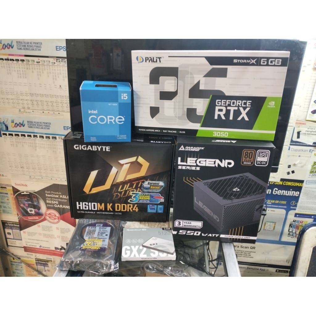 CPU intel Core i5 12400F,MB GIGABYTE,SSD 512 GB,2 TB,16GB,VGA 6GB,550W,Casing GAMING