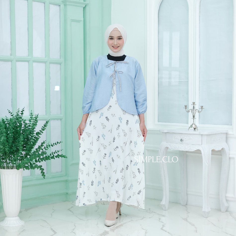 Setelan cardi pita coquette + yubi sloopy overall dress motif bunga korean style