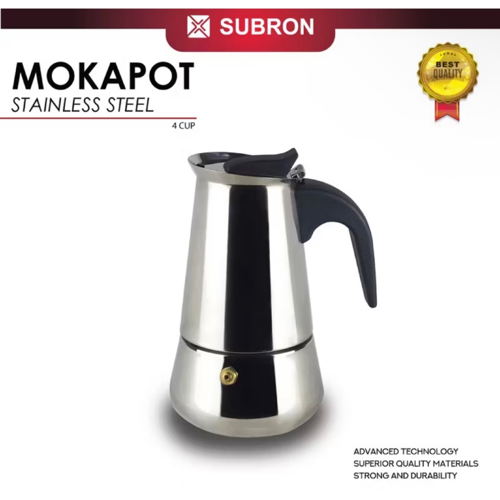 MOKAPOT MANUAL ESPRESSO COFFEE MAKER STAINLESS 4 CUP 200ML SUBRON