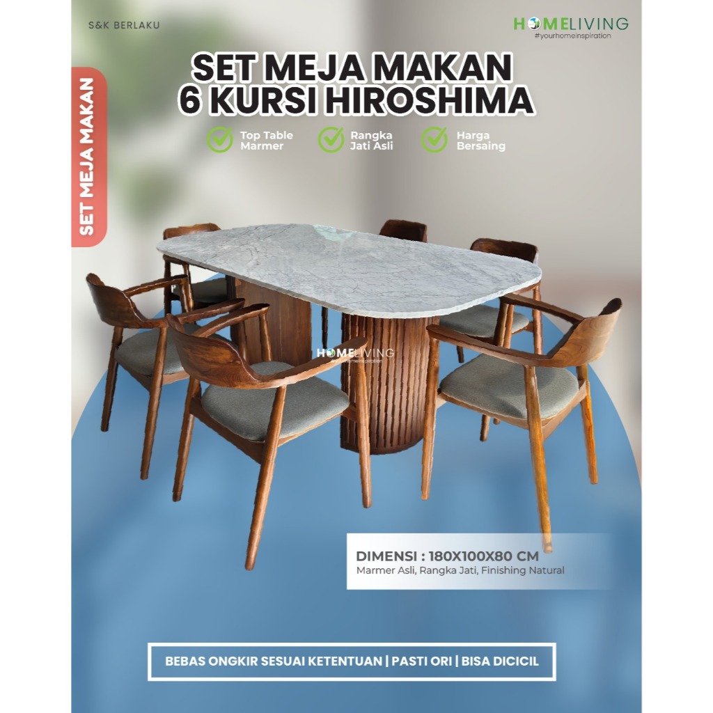 HOMELIVING - MEJA MAKAN JATI 6 KURSI - MEJA MAKAN 6 KURSI HIROSHIMA MARMER
