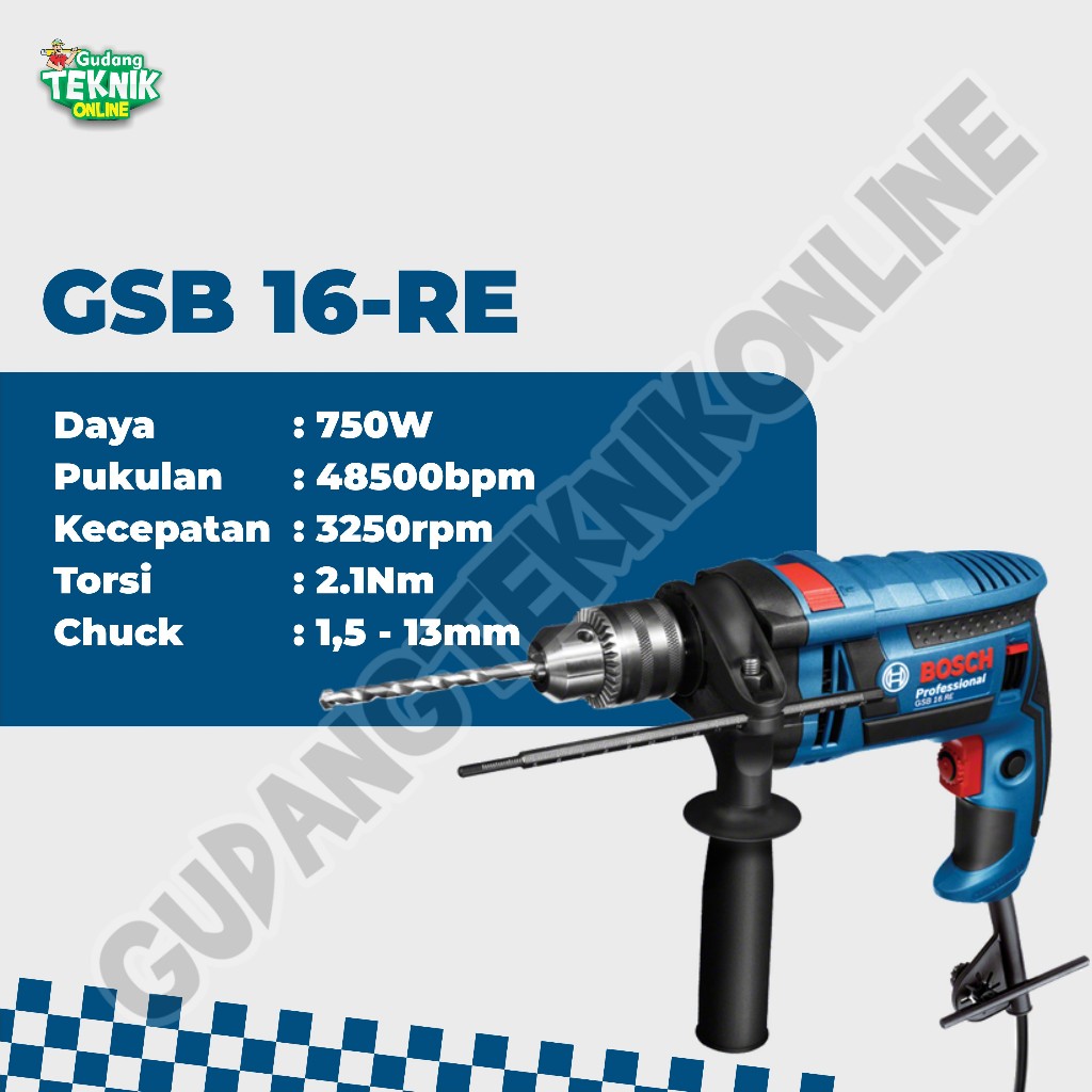 (GSB16RE BOSCH) Electric Bor Impact Drill 16mm GSB16RE BOSCH / Mesin Bor Tangan Besi Beton Kayu 16 m