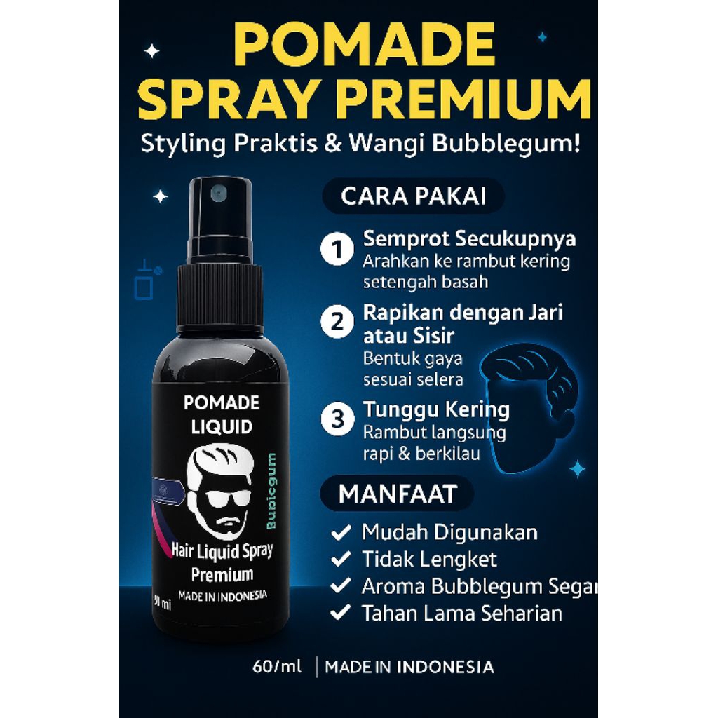 minyak rambut spray pria aroma fresh bubblegum 60ml, hair perfume/ hair pomade spray/ pomade semprot