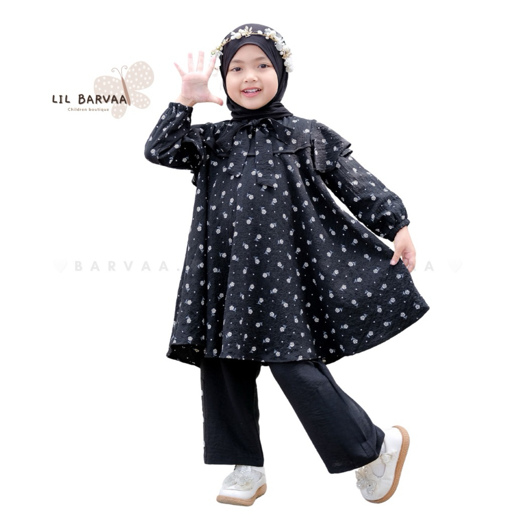 Lil Barvaa - Daisy Hitam Set Long Tunik Anak Perempuan Tanpa Hijab