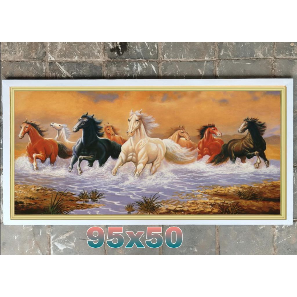 hiasan dinding lukisan cetak kuda 8 lari plus bingkai ukuran 95*50