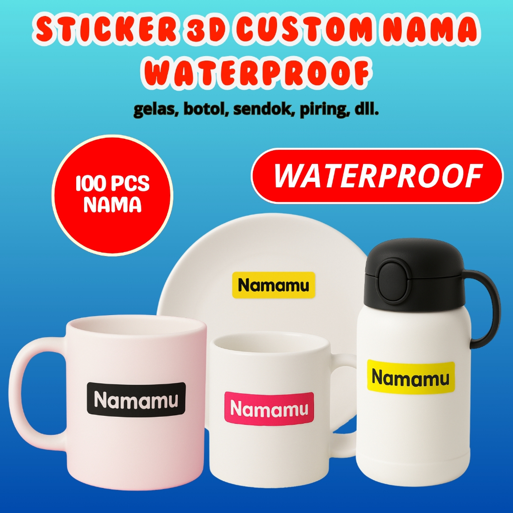 

100 PCS Stiker Barang Custom Nama Piring Sendok Botol Gelas Perabotan timbul waterproof label
