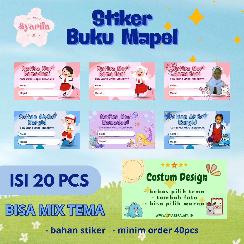 

[SMI] LABEL STIKER MAPEL BUKU SEKOLAH | 20 pcs | Costum Nama, Design, dan Foto | STIKER NAMA