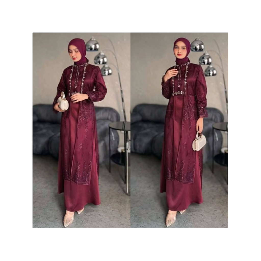 Tiara Dress Set Outher Brukat Payet Mutiara Baju Gamis Pesta Kondangan Wanita Kekinian Muslimah Gaun