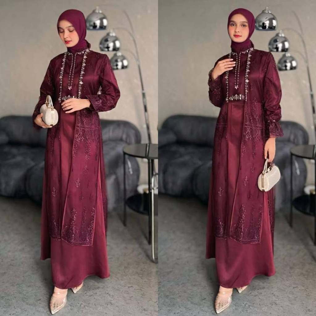 GAMIS BRUKAT  TERBARU 2025 MEWAH KEKINIAN TIARA SET DRESS BAHAN SATIN VELVET MIX BRUKAT INNER+OUTHER