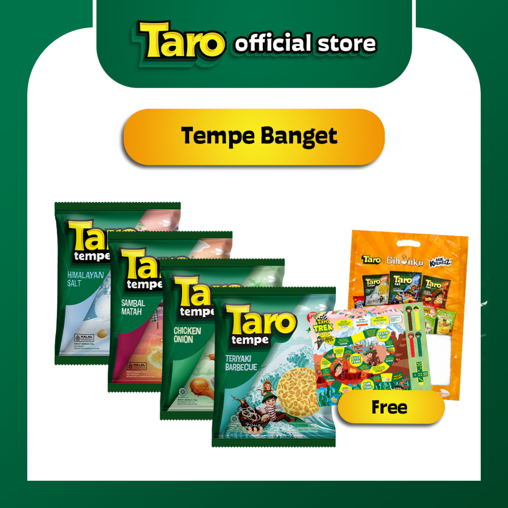 

TARO TEMPE BANGET BUNDLE Taro Tempe free Boardgame Mainan [Taro Tempe Chicken Onion+Himalayan Salt+Teriyaki BBQ+Sambal Matah]