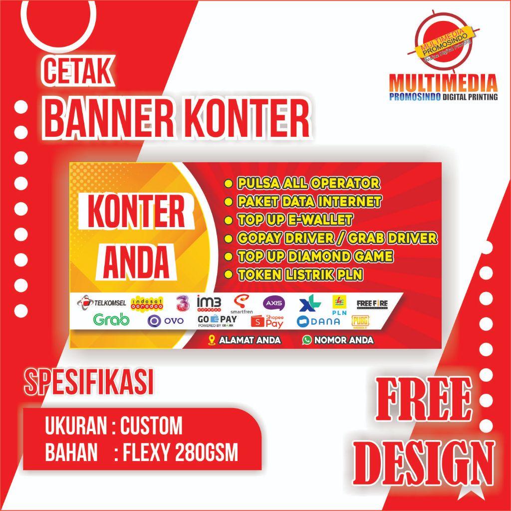Spanduk Banner Konter Bahan Flexy 280 , Spanduk Konter Free Design
