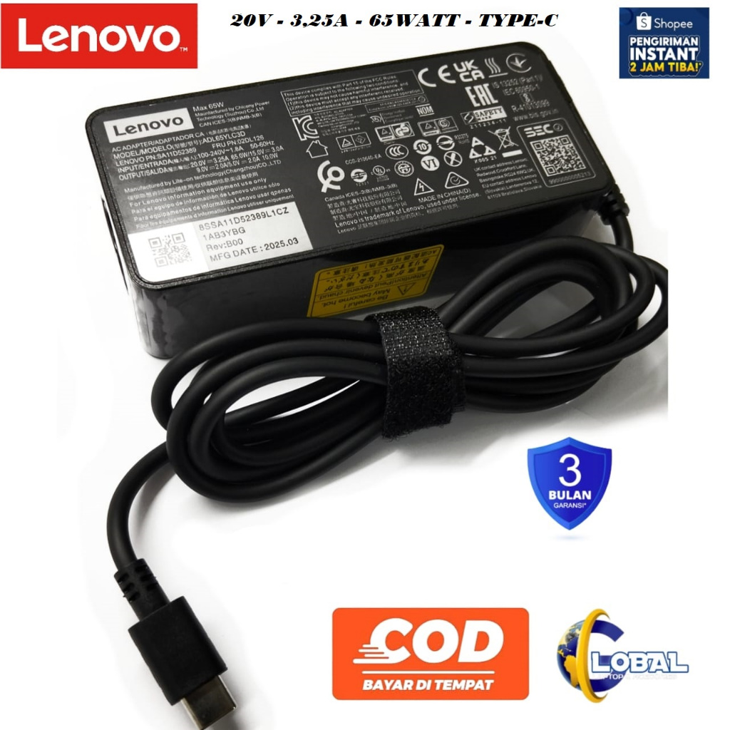 Adaptor Charger LenovO 65W Usb Type C Original Thinkpad T480 T490 E580 E490 E490s E590 E595 T580