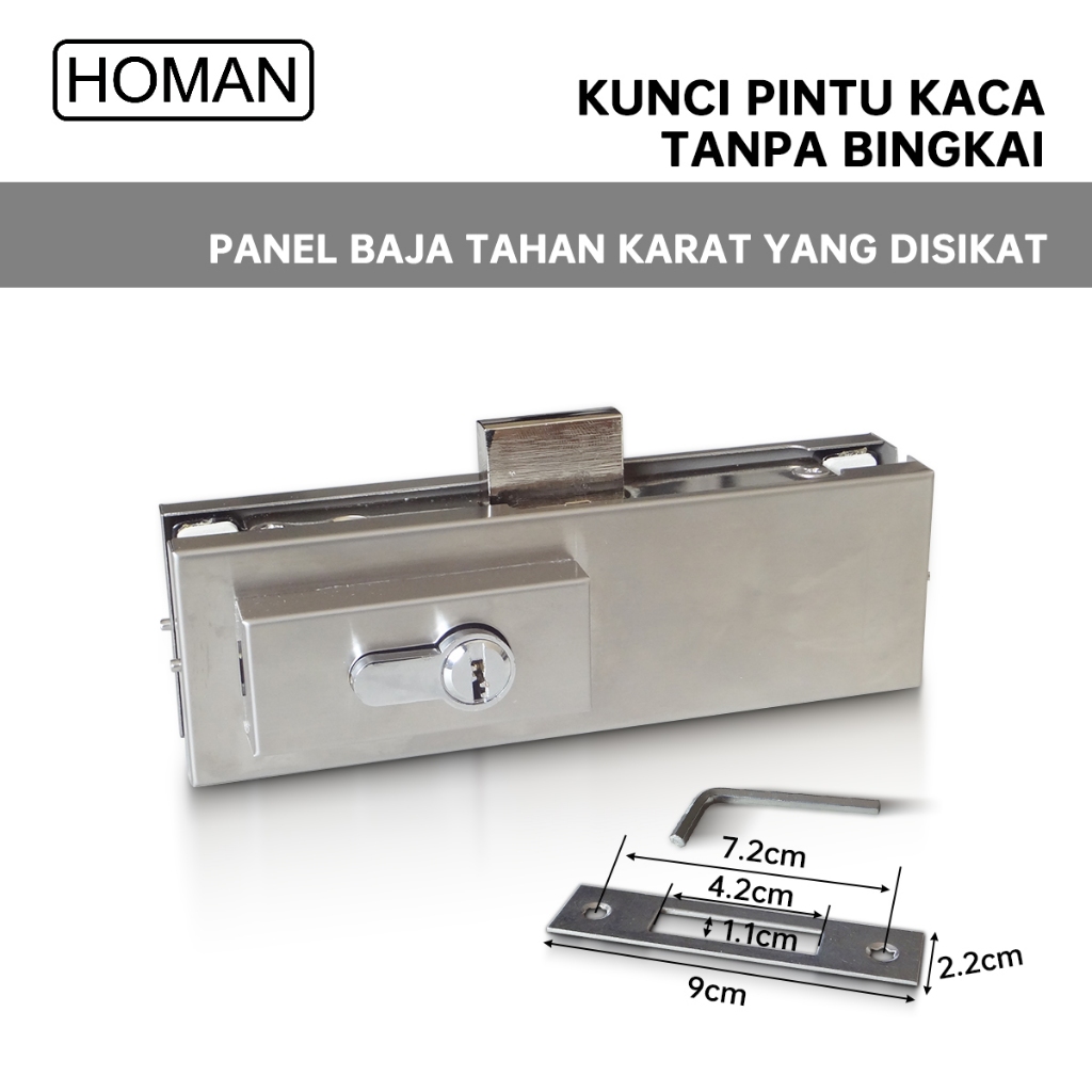Homan Kunci bawah pintu kaca Kunci pintu kaca Panel baja tahan karat Sus304