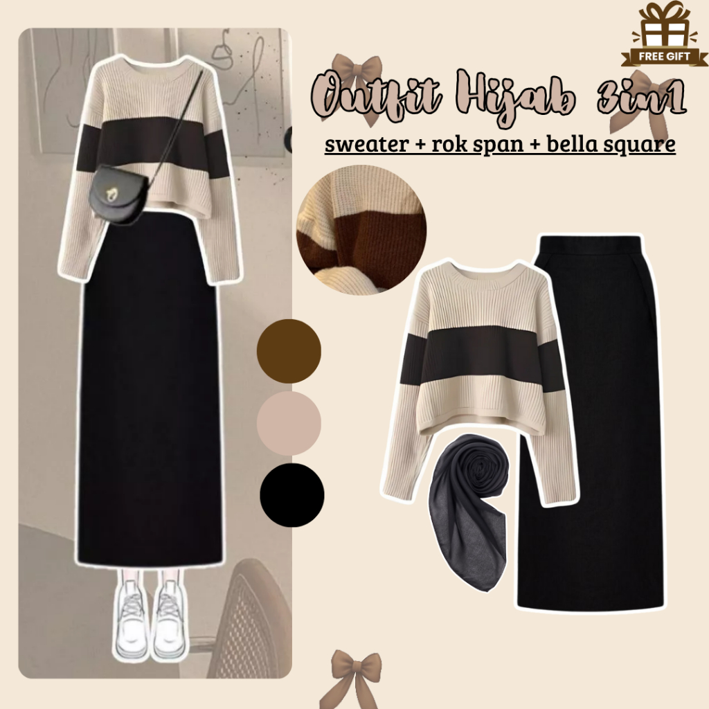 One Set Wanita Kekinian ( Sweater Rajut + Rok Span + Hijab ) OOTD 3in1 Korean Style Hijab