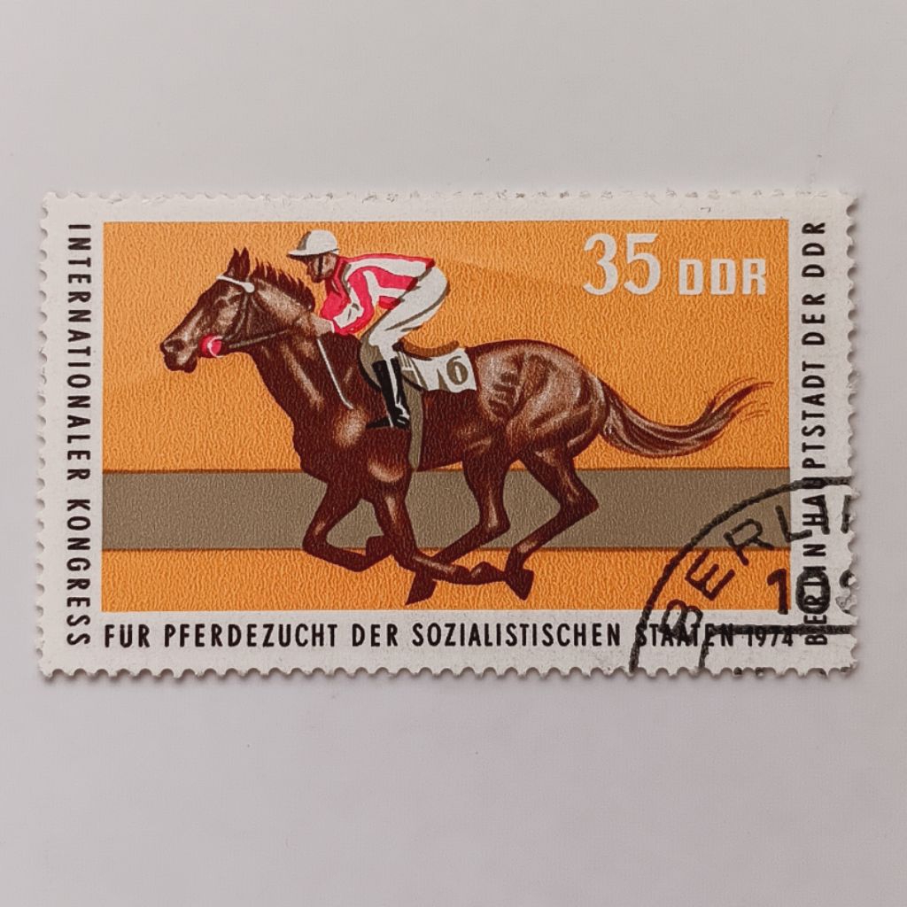 

(AD) Perangko Republik Demokratik Jerman 1974 Intl. Congress of Horse Breeding of Socialist States (1974) - Thoroughbred; Horse Racing 35 pfennig CTO