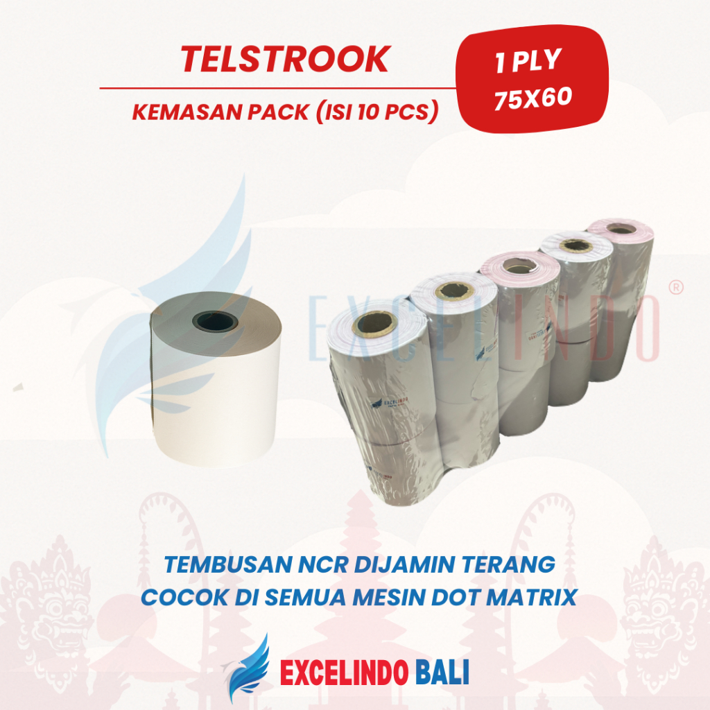 

(1 PACK/ISI 10 PCS) Kertas Struk / Telstruk / Kertas Kasir 1 ply HVS Dot Matrix 75x60 Excelindo