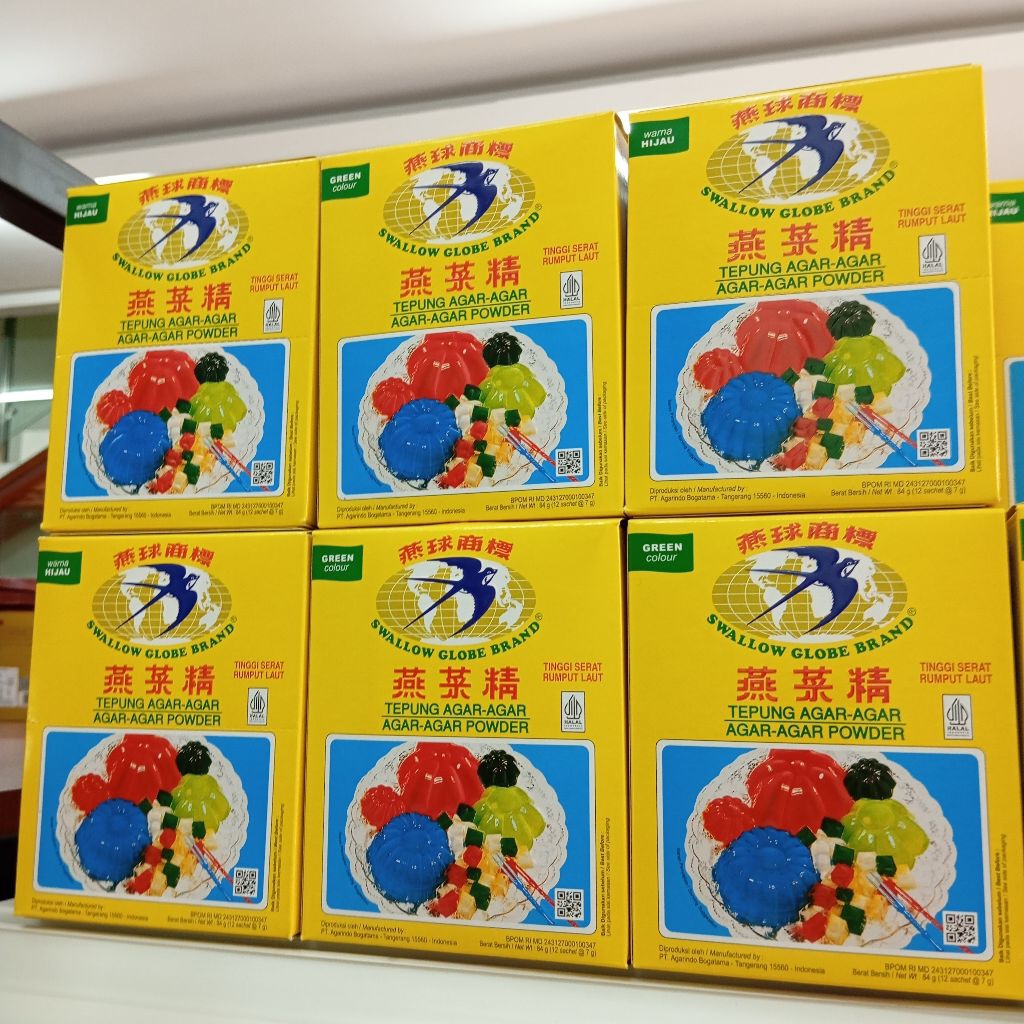 

Swallow Globe Tepung Agar Agar Hijau & Merah 1 Box 12Pcs Jeli Pudding Kenyal Snack Topping Makanan