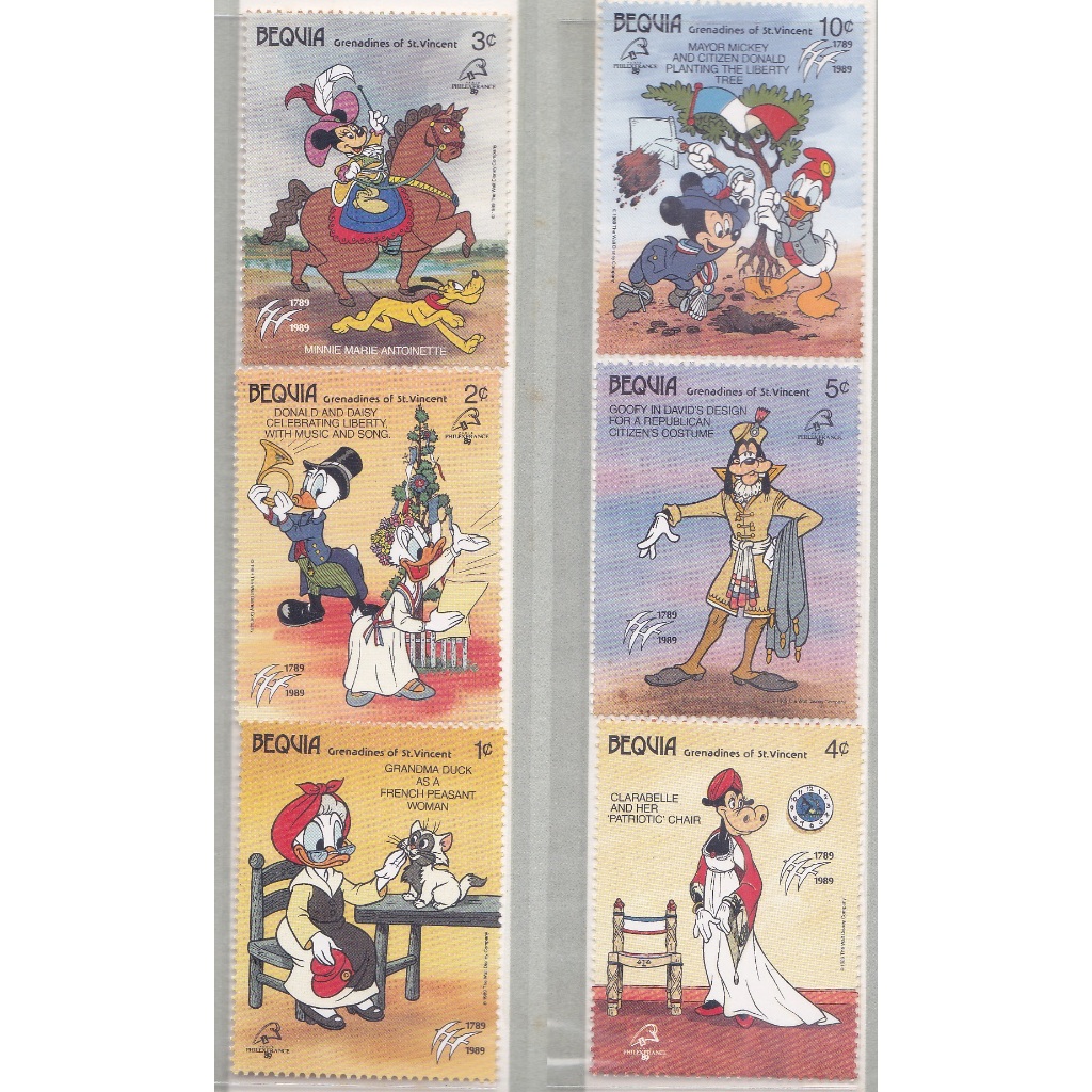 

Disney Friends Grenadines of St. Vincent - 200th Anniversary of French Revolution Bequia Philexfrance 1989 Postage Stamps Perangko Prangko Pos Filateli Philately Goofy Minnie Mickey Mouse Donald Daisy Duck Clarabelle Cow