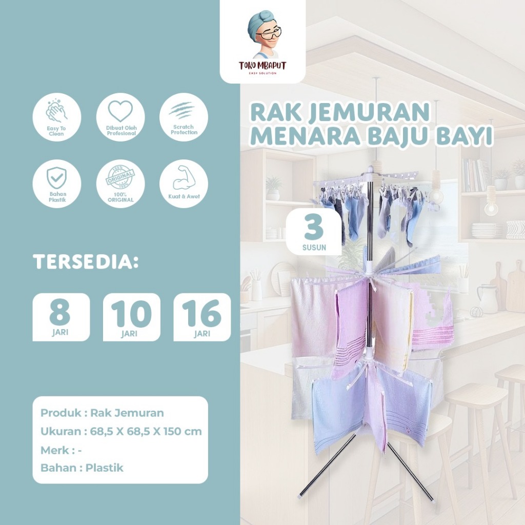 RAK JEMURAN MENARA BAJU BAYI 3 SUSUN TRIPOD DENGAN HANGER ROTASI BISA BERPUTAR