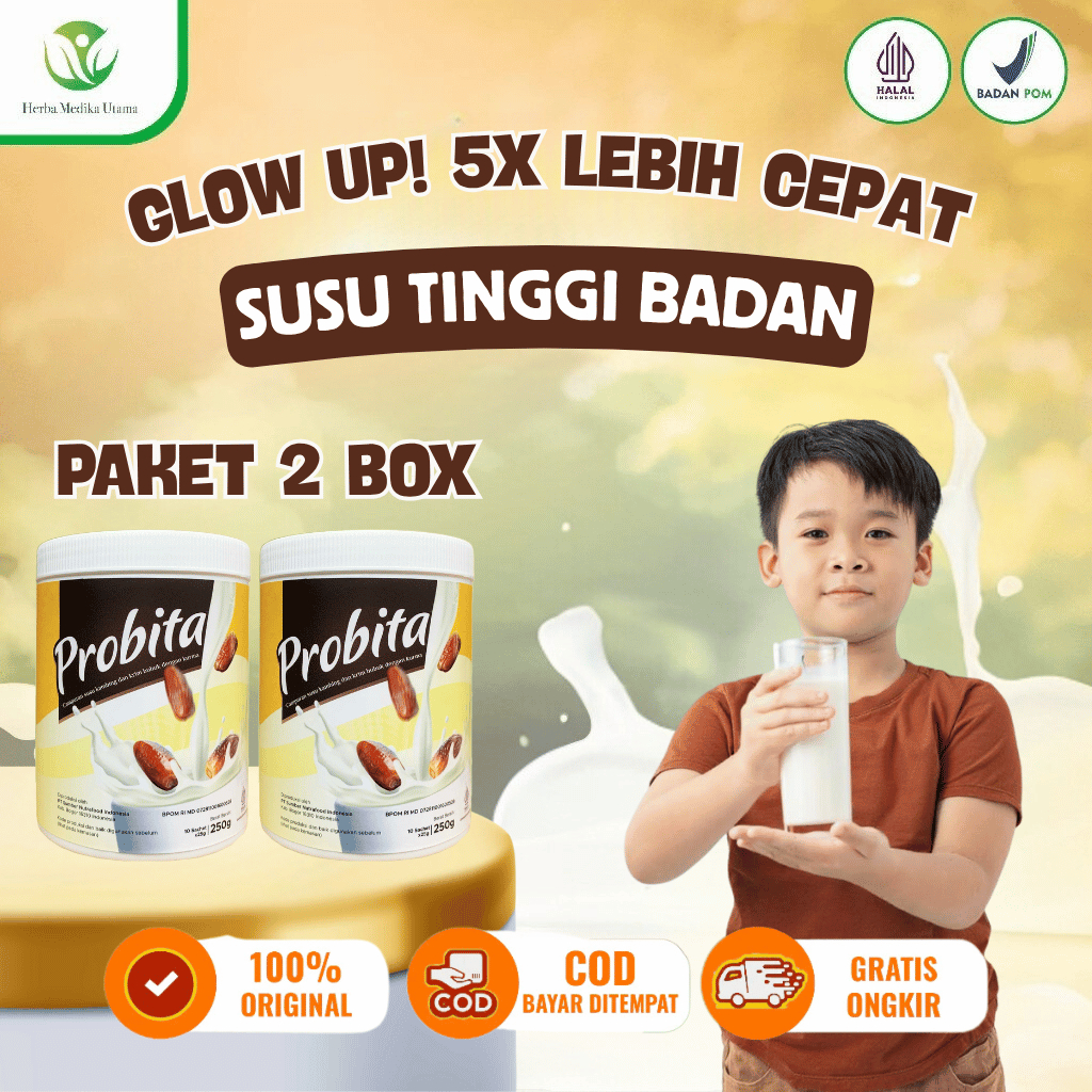 

Probita Susu Kurma Ajwa 2 Box isi 20 Sachet - Penambah Tinggi Badan Anak & Remaja - Rendah Gula - BPOM & Halal