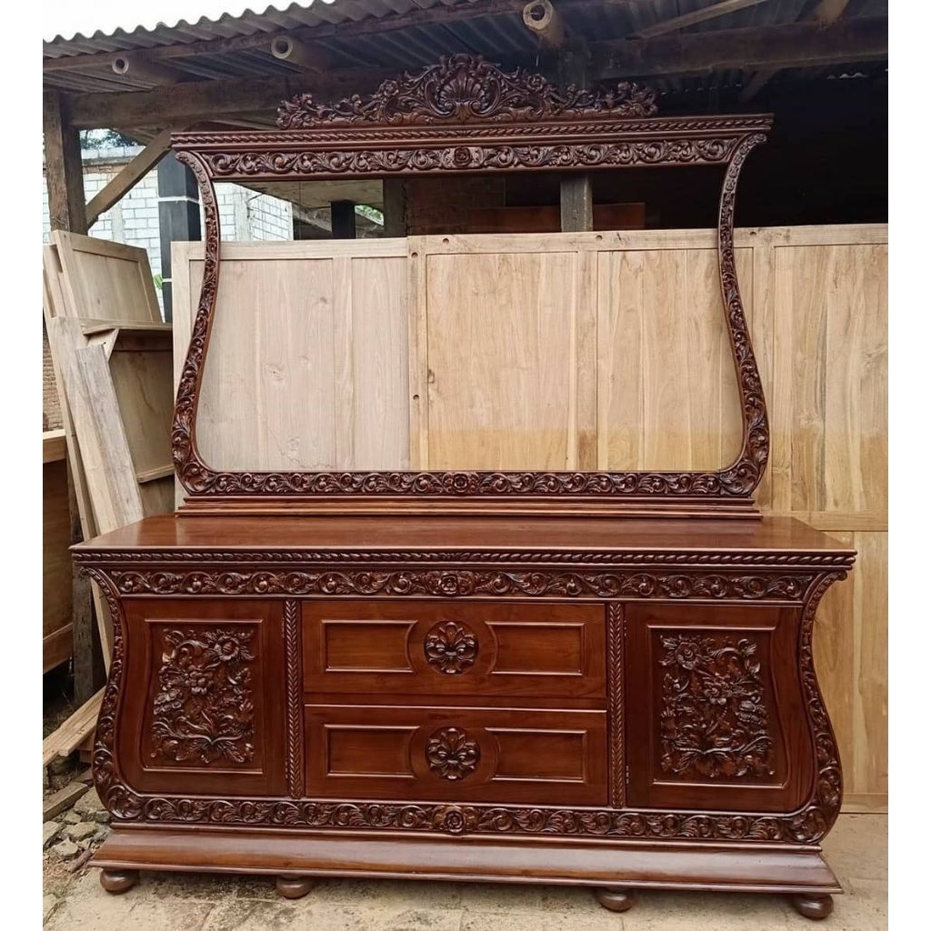 Bufet Meja Kaca Ukir Kaca Kayu Jati / Bufet Meja Laci Kaca Kayu Jati