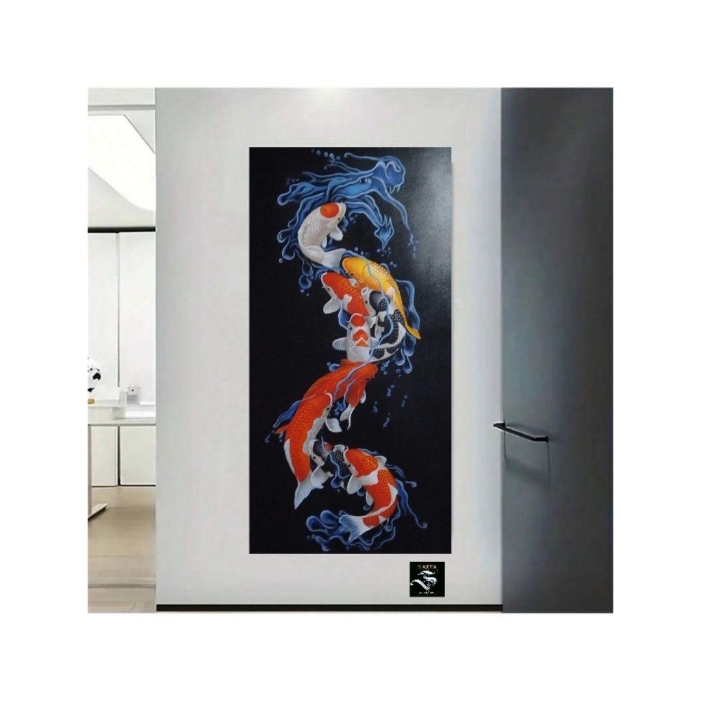 Lukisan fengshui 9 ikan koi shio naga air.