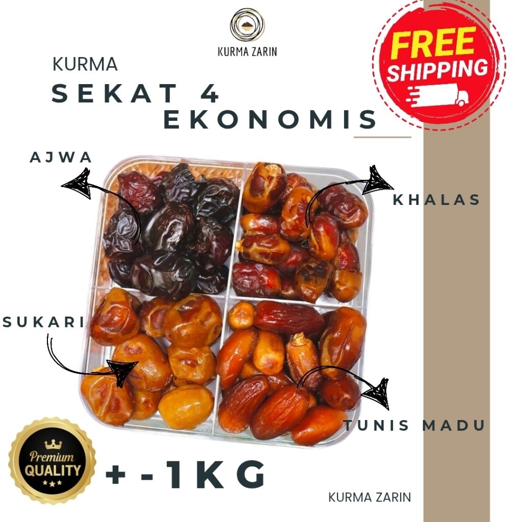 

Kurma Sekat 4 in 1 Assorted Ekonomis isi Sukkari, Ajwa, Khalas dan Tunis Madu Free Box Hampers